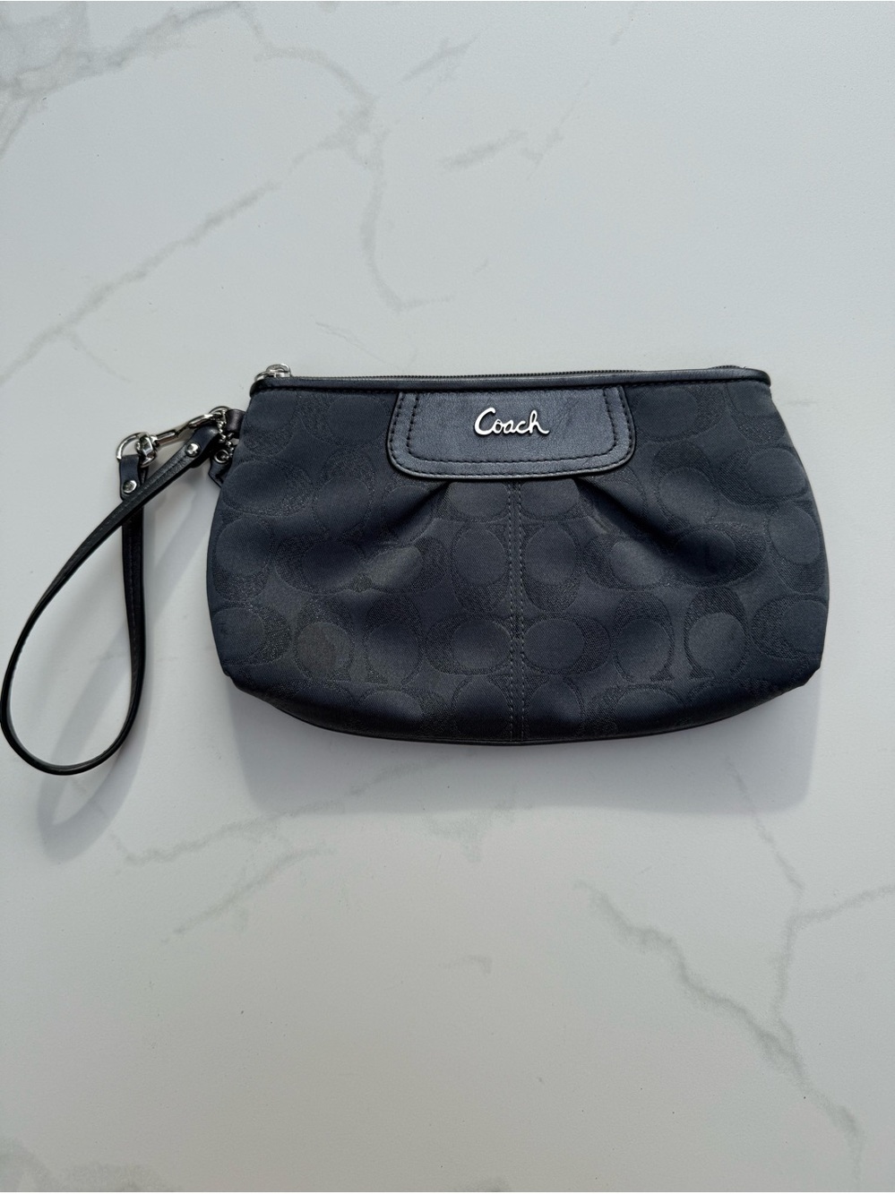 Coach Dark Gray Signature C Jacquard Wristlet Clutch with Black Leather Trim